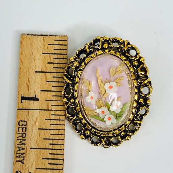 Vintage Bubble Brooch Pressed Flowers Antique Gold - Picture 7 of 9